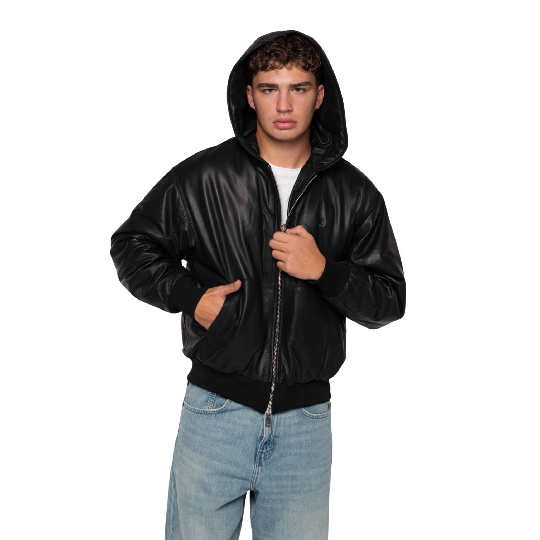 Leather Hoodie Bomber Noir