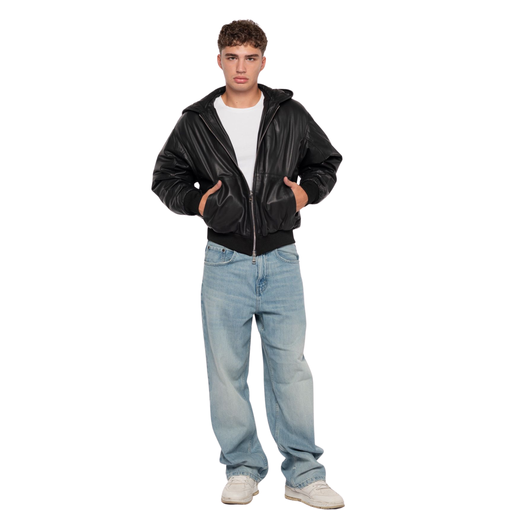 Leather Hoodie Bomber Noir